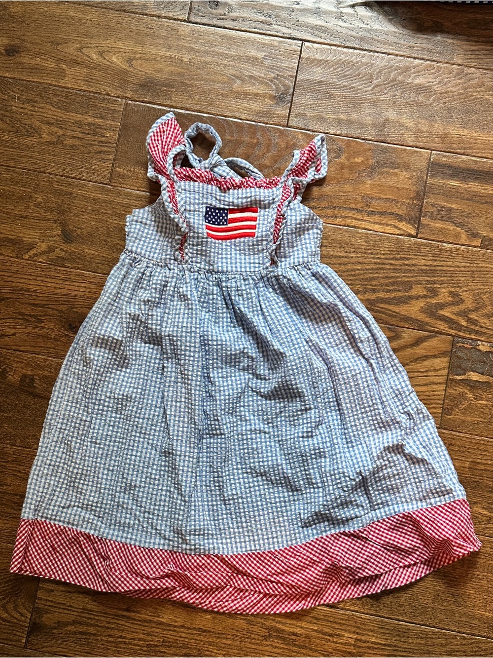 Girls Blue & Red Seersucker Sundress with Flag Appliqué